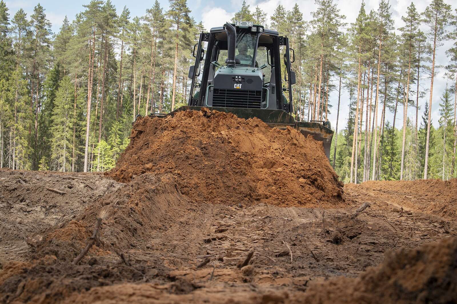 A dozer on a mound of freshly turned earth, standing conifers behind it.